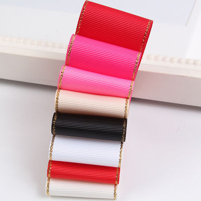 2.5 ซม โพลีเอสเตอร์ ทองขอบ ดับเบิ้ลหน้า ริบบอน Grosgrain สําหรับต้นคริสต์มาสและมือกระเป๋า