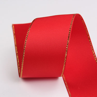 2.5 ซม โพลีเอสเตอร์ ทองขอบ ดับเบิ้ลหน้า ริบบอน Grosgrain สําหรับต้นคริสต์มาสและมือกระเป๋า