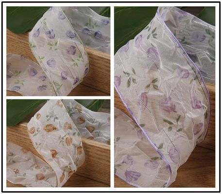 40 มิลลิเมตร 50 มิลลิเมตร Organza Ribbon with Floral Printed Polyester Ribbon OEM สะดวกต่อสิ่งแวดล้อม